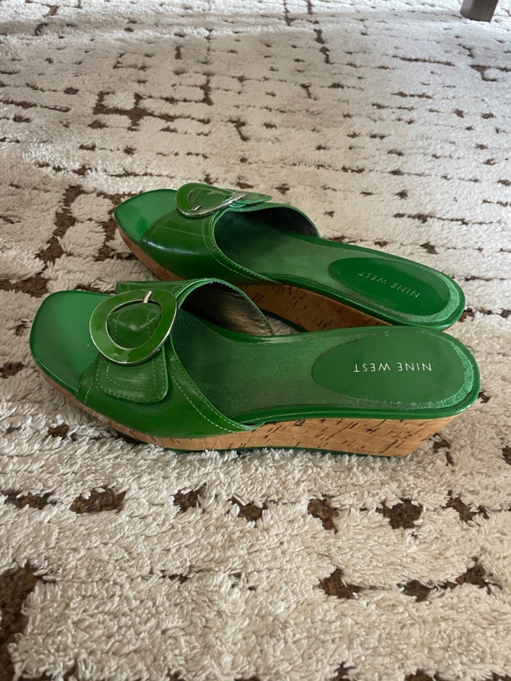 Nine West Green Leather Cork Wedge Slide Mules size 8